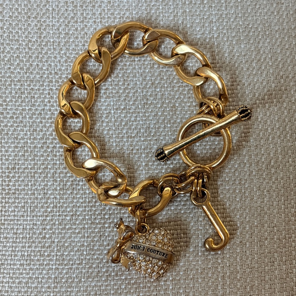 Vintage Juicy Couture Chunky Heart Charm Bracelet, 7” Long, Goldtone Mixed Metal